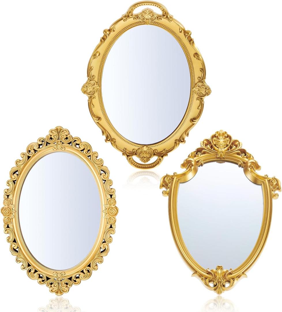 3 Styles Vintage Gold Mirrors Set Decorative Oval Wall Mirror Small Antique Mirrored Tray Decorative Retro Hanging Mirror for Bathroom Bedroom Jewelry Organizer Victorian Decor(Gold)