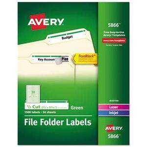Permanent Filing Labels, 1/3 Cut, 1500/BX, Green