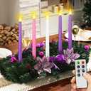 Tioncy 12 Inch Christmas Advent Wreath Candle Holder with 5 Flameless Candles Remote Control Wreaths Holder Centerpiece Decoration with Berries (Purple Poinsettia, 11 x 0.8 x 0.8 in)