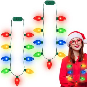 QZYL 2 Pack Christmas Light Necklace, Colorful Christmas Accessories, 9 LED Bulbs Light Up Necklace with 3 Flash Modes, Ugly Sweater Lights for Xmas New Year Party Favor Supplies Accessories