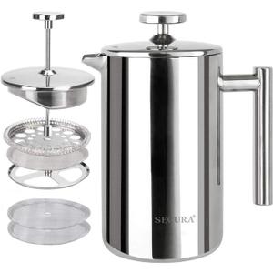 Secura French Press Coffee Maker, 304 Grade Stainless Steel Insulated Coffee Press with 2 Extra Screens, 12oz (0.35 Litre), Silver