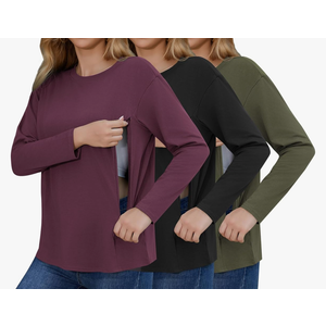 Women's 3 Pack Long Sleeve Nursing Tops for Breastfeeding with Hidden Zippers Soft Cotton Maternity Shirts M