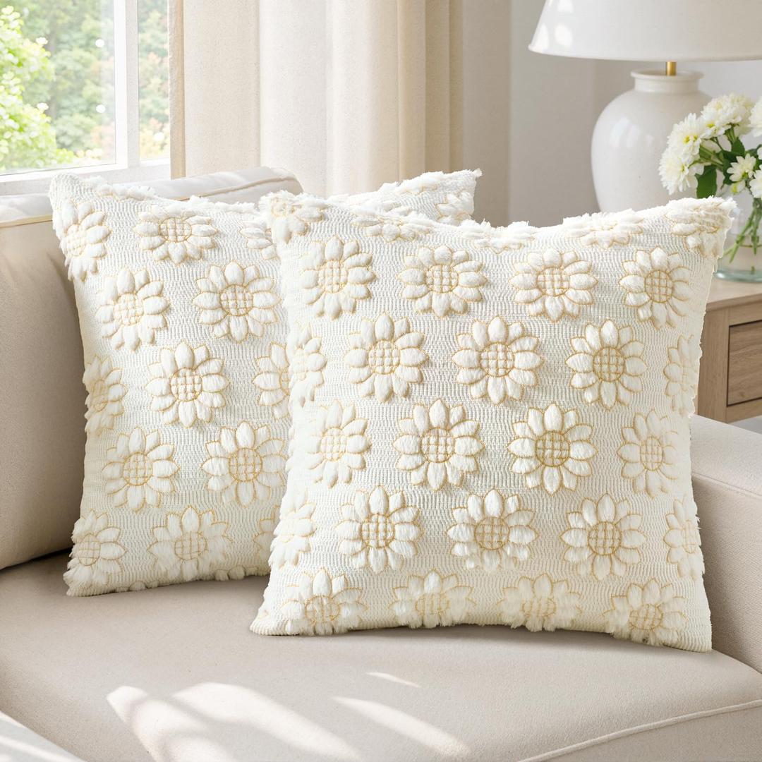 EMEMA Cream Floral Tufted Throw Pillow Covers, Set of 2 Soft Textured Decorative 18x18 Cushion Cases Bringing a Light, Cozy Layer to Sofa, Couch, Bedroom or Modern Farmhouse Living Room Decor