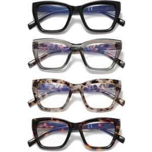 Cat Eye Reading Glasses for Women, 4 Pack Fashion Oversized Blue Light Blocking Computer Readers with Spring Hinge 2x
