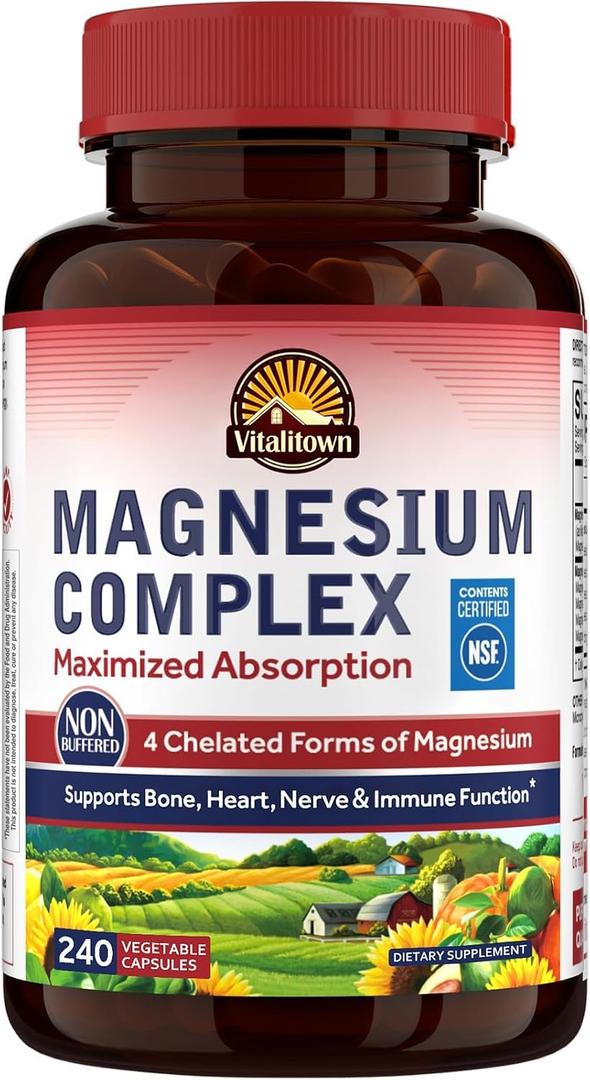 Vitalitown Magnesium Complex Supplement 500mg - NSF Certified Magnesium Glycinate, Malate, Taurate & Citrate - Chelated High Absorption & Gentle on Stomach - Vegan Non-GMO 240 Capsules (BBD 05/2028)