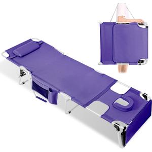 Tanning Chair with Face Hole, Adjustable Folding Chaise Lounge Chairs for Outside with Detachable Pillow & Pocket，Portable Flat Beach Chairs for Sunbathing, Beach Lawns Camping (Purple, Standard)