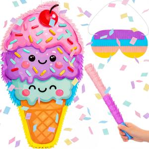 Poen 21 Inch Large Ice Cream Piñata, Multicolor Dessert Cone Shaped Piñata for Birthday Party Decoration