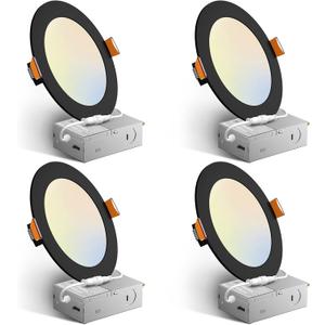Amico 4 Pack 6 Inch Black 5CCT Ultra-Thin LED Recessed Light with Junction Box, 2700K/3000K/3500K/4000K/5000K Selectable, 12W Eqv 110W 1050LM Dimmable Canless Wafer Downlight, ETL & FCC
