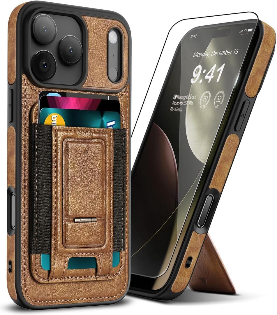 for iPhone 17 Pro Leather Case, Wallet Case with Card Holder (3 Cards) & Kickstand, Slim Protective Cover with Stand for iPhone 17 Pro 6.3"Brown