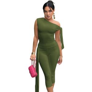 Elainone Capri Sets Women 2 Piece Outfits Sexy One Shoulder Sleeveless Crop Tops Bodycon Pant Sets (Medium, Army Green)