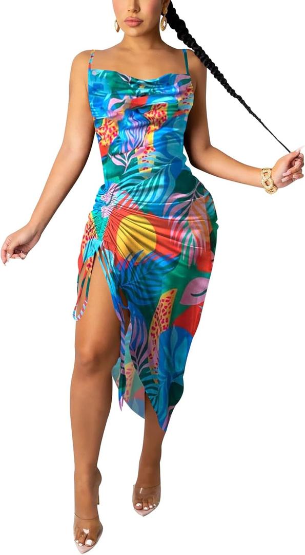 Women's Spaghetti Strap Satin Dress Sexy Backless Drawstring Ruched Split Hem Cocktail Evening Party (Large, 30-leaves Blue)