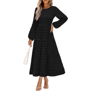 PRETTYGARDEN Women's Fall Spring Elegant Long Sleeve Maxi Dress Swiss Dot A Line Flowy Casual Holiday Party Going Out Dresses (Black, X-Large)