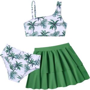 RAISEVERN Girls Swimsuit 3 Piece Bathing Suits Cute Quick Dry Bikini Tankini Sets with Cover Ups Beach Skirt for 5-12 Years (7-8 Years, 007-palm Tree 02)