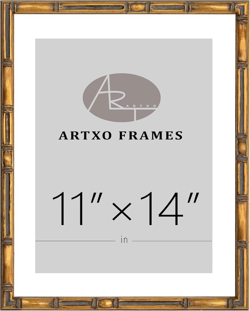 ArtXO 11"x14" Picture Frame Wooden, Display Pictures 8"x10" with Mat or 11"x14" Without Mat,Gold Bamboo Poster Frames,Hanging Photo Frame Wall (Gold03(wide:17.5mm)(with Mat,Plexiglass,Back))