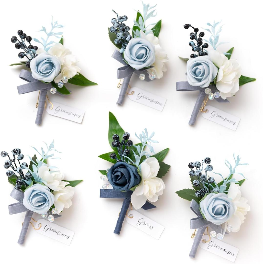 Ling's moment Boutonniere for Men, 6pcs Groom Groomsmen Boutonniere, Artificial Flowers for Wedding Decor/Prom/Homecoming, etc.Dusty Blue Light Blue