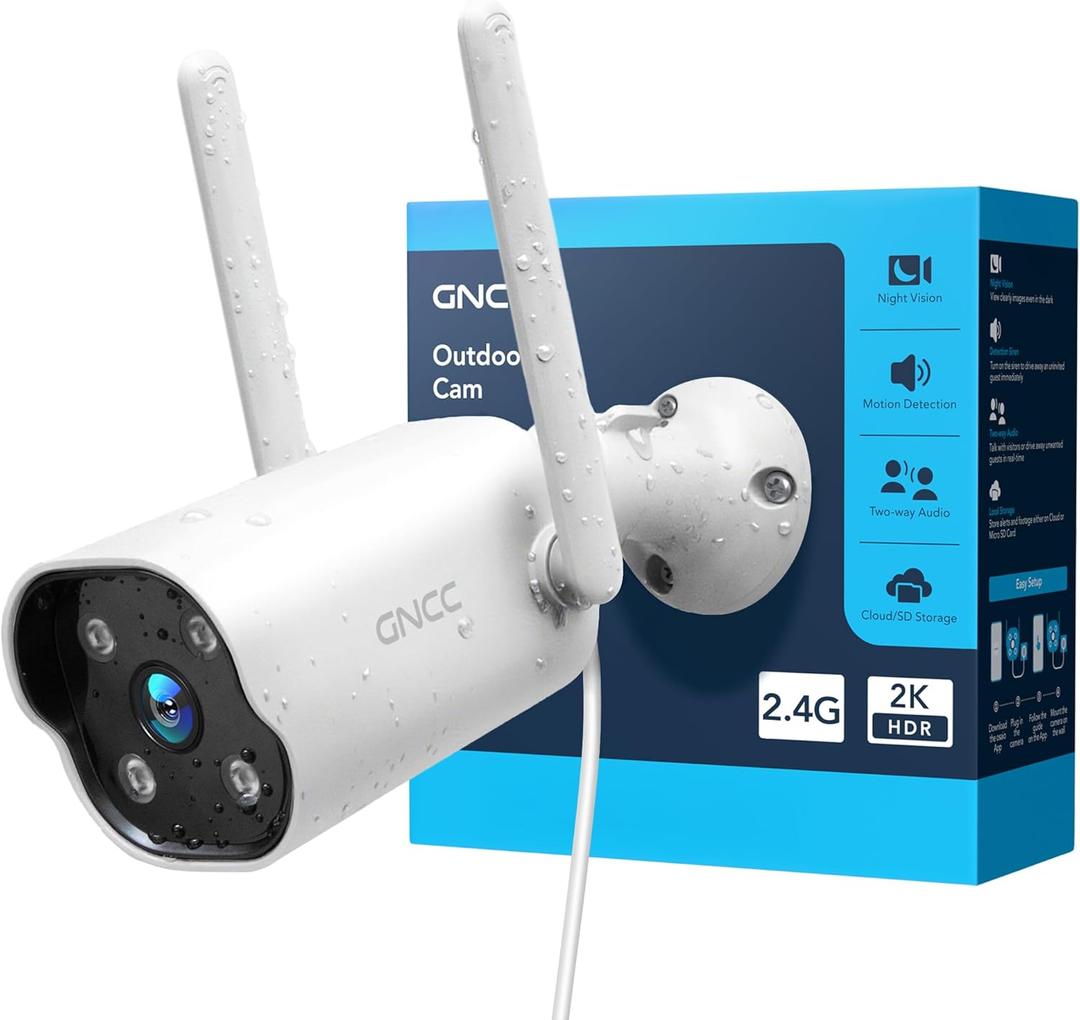 GNCC 2K Outdoor Security Camera, 24/7 Recording, Plug-in, AI, White-1P | Plug-In, 9.85ft Cord, No Battery, AI Detect, 2-Way, IP65, Alexa, SD Free, Cloud Opt, 2.4G WiFi Only, Easy Install,White-1P