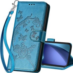 for iPhone 17 Pro Max Wallet case, Flip Folio Cover with Stand Feature for Women Men, PU Leather Phone Case Fit for iPhone 17 Pro Max 6.9 inch [Blue-Flower]