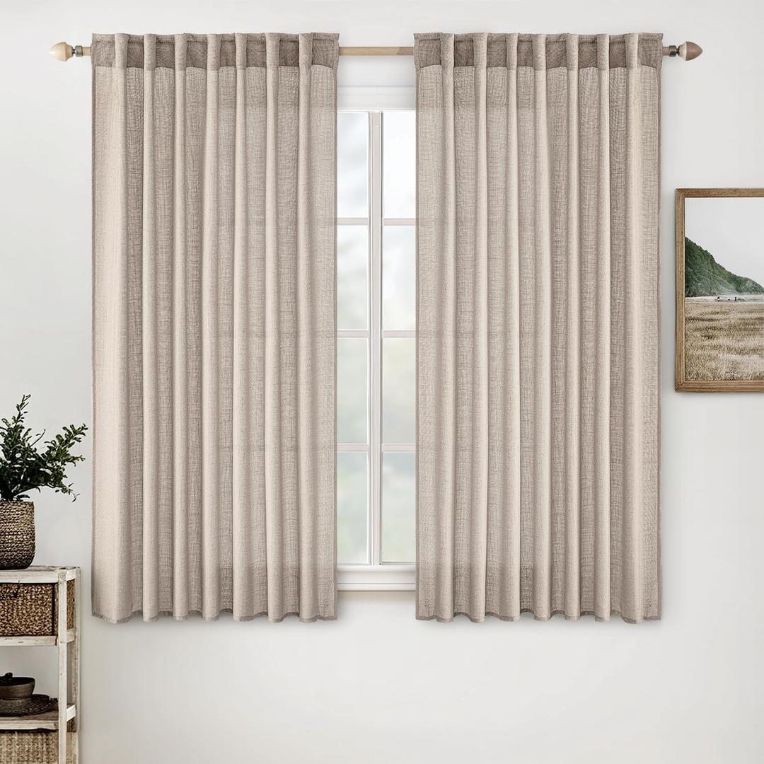 MIULEE Natural Linen Curtains 63 Inch Length 2 Panels for Bedroom Living Room, Soft Linen Textured Window Drapes Semi Sheer Light Filtering Back Tab Rod Pocket Farmhouse Modern Burlap Look Decor