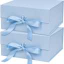 WRAPAHOLIC 2Pcs Blue Gift Box with Satin Ribbon, 8x8x4 Inches Collapsible Gift Box with Magnetic Closure for Party, Wedding, Gift Wrap, Bridesmaid Proposal, Storage (1 Count (Pack of 2))