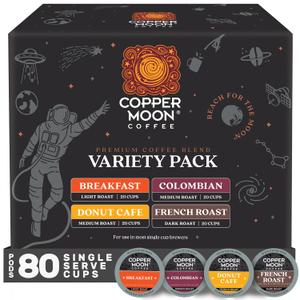 Copper Moon Single Serve Coffee Pods For Keurig K-Cup Brewers, Light Medium & Dark Roast, Variety Pack, 80 Count (EXP 06/18/28)