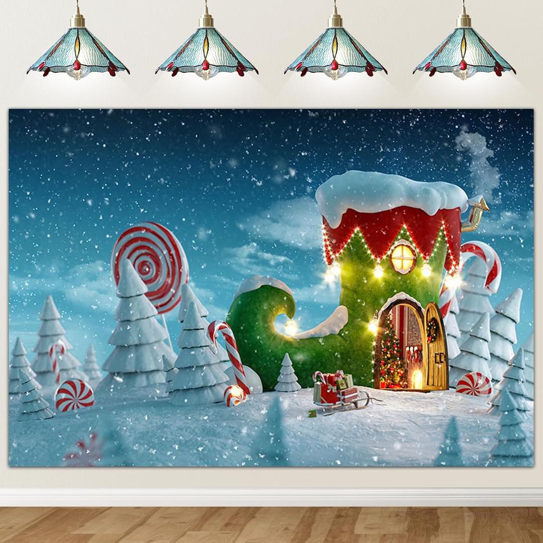 COMOPHOTO Winter Snow Landscape Backdrops for Photography 7x5ft Vinyl Christmas Candy Santa Claus Decoration Snowflakes for Photo Booth Background Blue Backdrop Printed Pictures