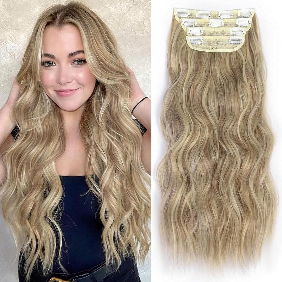 ALXNAN Clip in Long Wavy Synthetic Hair Extension 24 Inch Dirty Blonde 4PCS Thick Hairpieces Fiber Double Weft Hair for Women