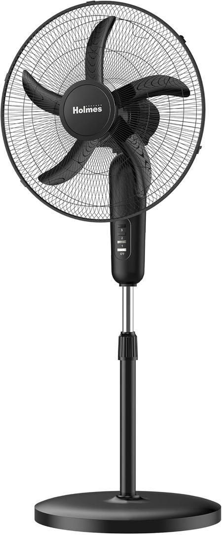 HOLMES 18" Stand Fan, 80 Oscillation, 3 Speeds, 5 Blades, Adjustable Height, 30 Head Tilt, Ideal for Home, Bedroom or Office, Black