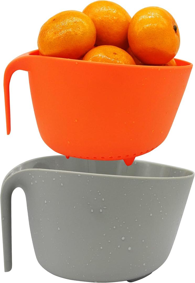MiHerom 2 in 1 Colander with Long Handle Strainer and Mixing Bowl, Fruit Vegetable Washing Basket, Double Layered Strainer, Non-slip Bottom, Stackable, Dishwasher Safe, Soaking Draining and Straining (Orange)