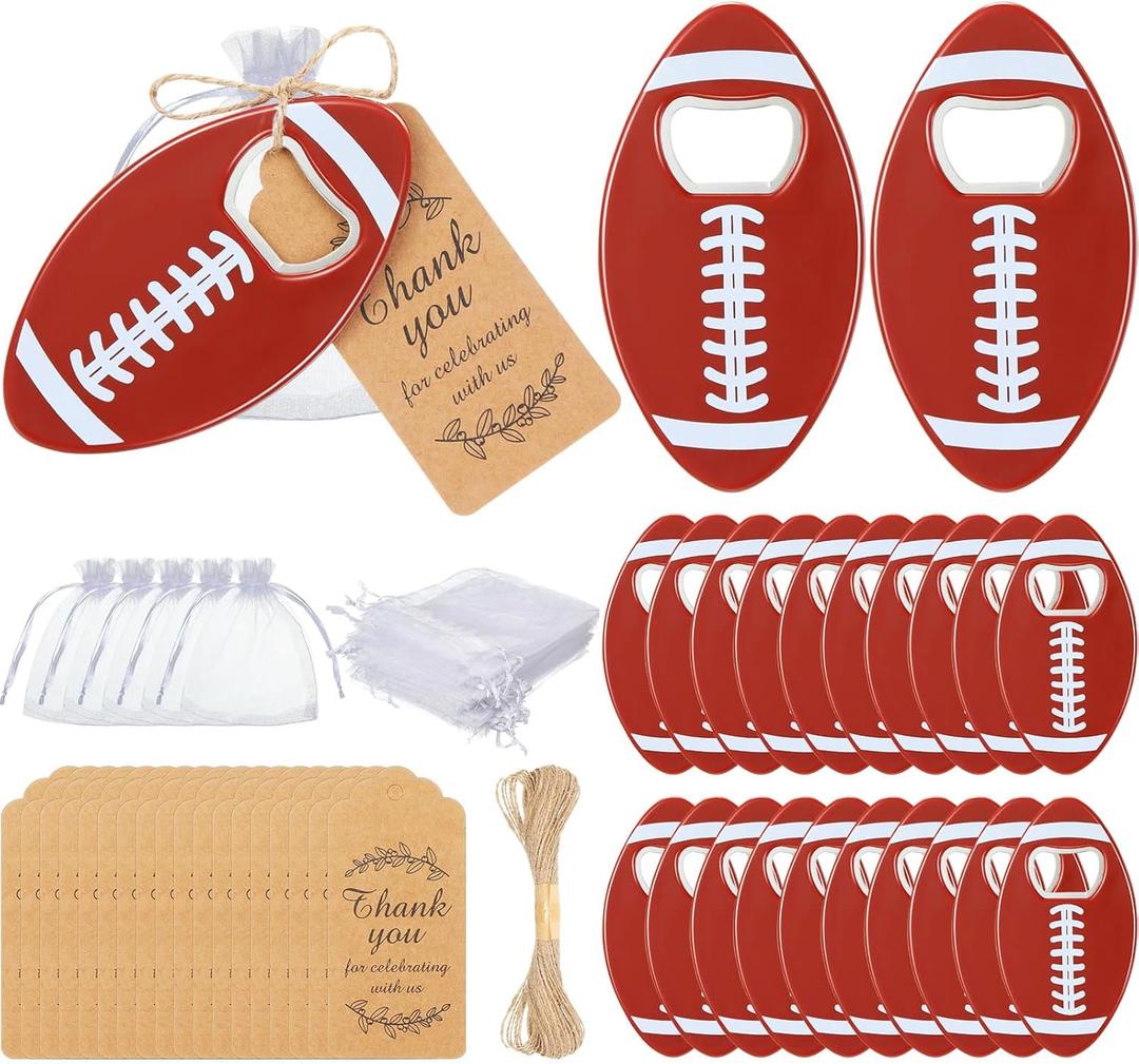 Layhit 24 Sets American Football Bottle Opener with Organza Bags Thank You Tags Football Bottle Opener Bulk Funny Gifts for Men Women Sports Enthusiast College Student