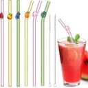 6 Pcs Glass Straws with Design Reusable Cute Fruit Drinking Straws 7.9in x 8mm Colorful Party Favors Decorations with 2 Cleaning Brushes for Summer Beach Birthday(Bent, Straight)