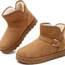 Winter Mini Boots for Women: Faux Fur Lining Ankle Snow Booties With Fluffy Trim and Buckle Decor Warm Slip On Comfort Shoes (9, Chestnut-flat)