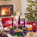 MorTime 14 Inches Christmas Wreath Candle Holder Ring, Christmas Candlestick Decoration with Glitter Berries Purple Bows and Christmas Balls for Winter Holidays Home Decor