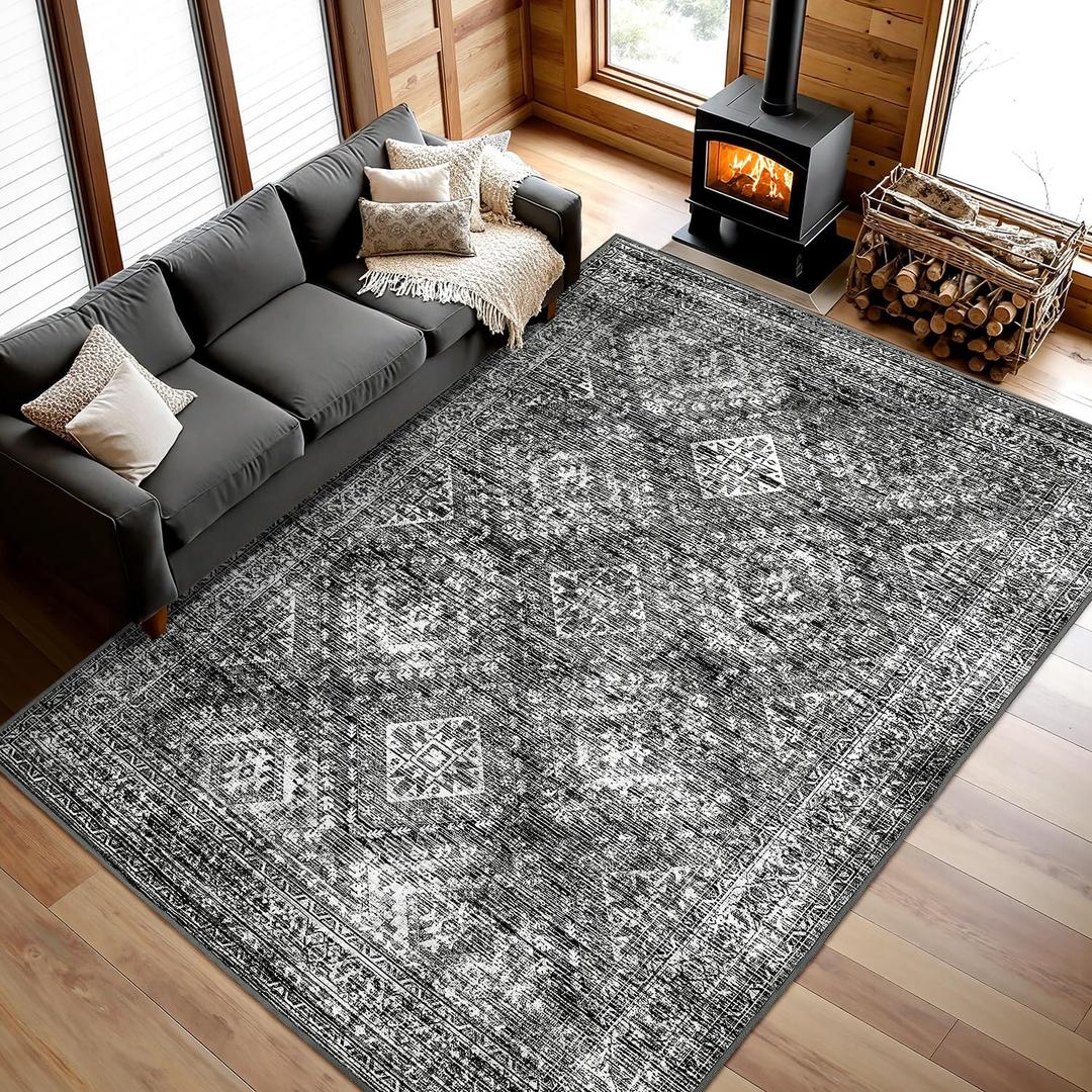 MIULEE 8x10 Vintage Washable Area Rugs Living Room Rug Low Pile Boho Farmhouse Floor Mat for Bedroom Dining Room Under Kitchen Table, Non-Slip Stain Resistant Soft Large Carpet for Home Decor, Black