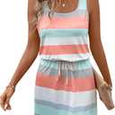 Women's Summer Dress Stripe Colorblock Sleeveless Drawstring Tank Dress Casual Short Dress Sundress (XL, Multicolor)