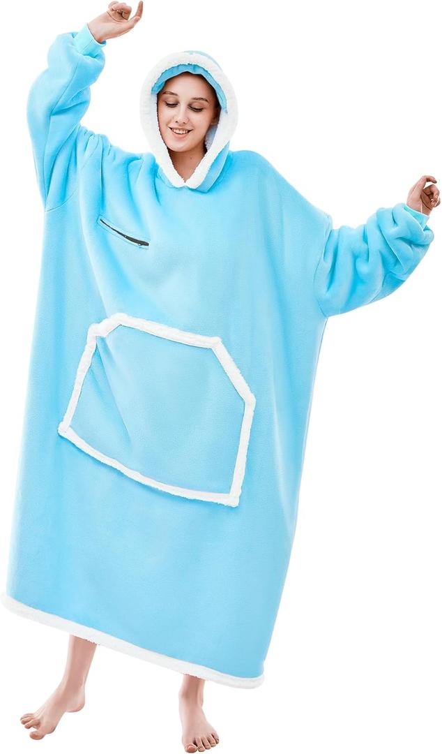 IFNOW Wearable Blanket Hoodie, Oversized Sherpa Fleece Hooded Sweatshirt with Eye Mask, Cozy and Giant Blanket Hoodie with Sleeves Extra Long for Adults Men Women, Skyblue