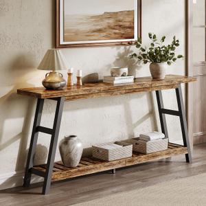 ChooChoo 70.9 Inch Long Console Tables for Entryway, Wood 2-Tier Entry Hallway Table, Narrow Sofa Table Behind Couch Table for Living Room, Entrance, Rustic Brown, 70.9" x 11.8" x 31.5"