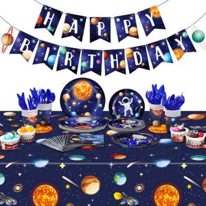 Outer Space Birthday Party Supplies Serve 24 Space Party Tableware Set, Happy Birthday Banner Solar System Tablecloth Paper Plates Cups Napkins Knives Forks Spoons for Solar Theme Activities Decor