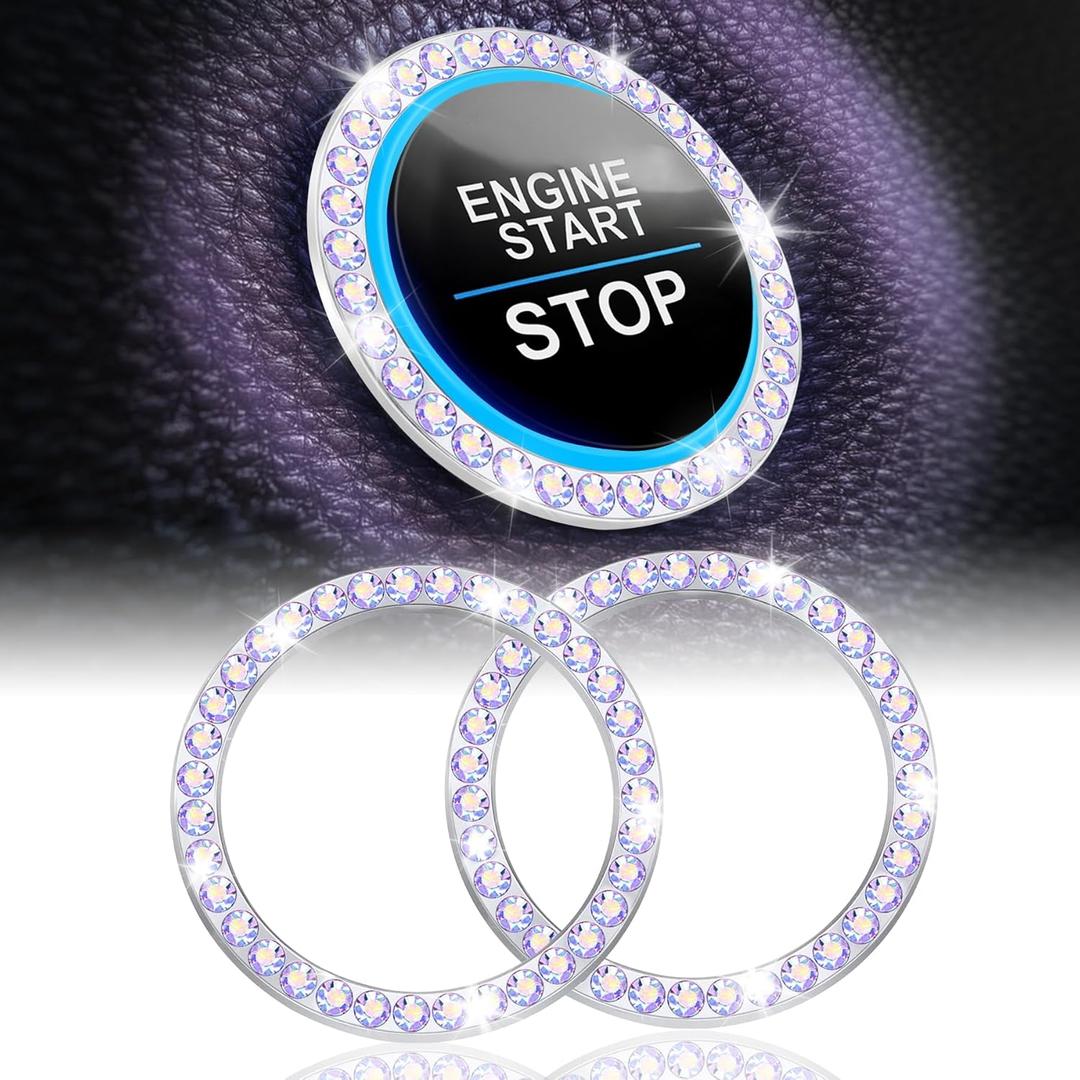 LivTee 2 PCS Crystal Rhinestone Car Engine Start Stop Decoration Ring, Bling Car Interior Accessories for Women, Push to Start Button Cover Sticker, Automotive Decals, Colorful
