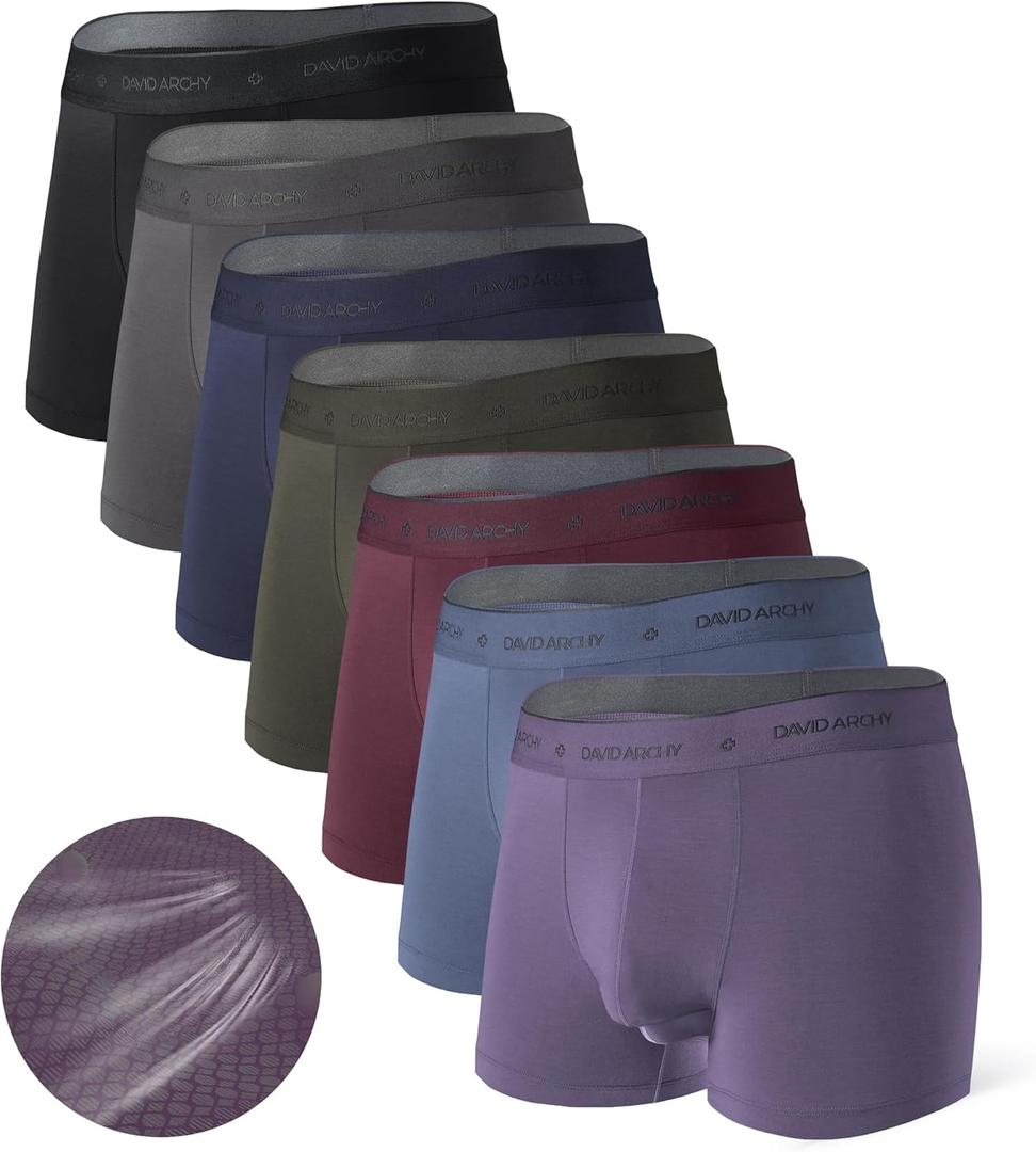 DAVID ARCHY Men's Modal Trunks Underwear, Breathable Soft Anti-Chafe Comfort, Dual Pouch Support with Fly 7 Pack, L