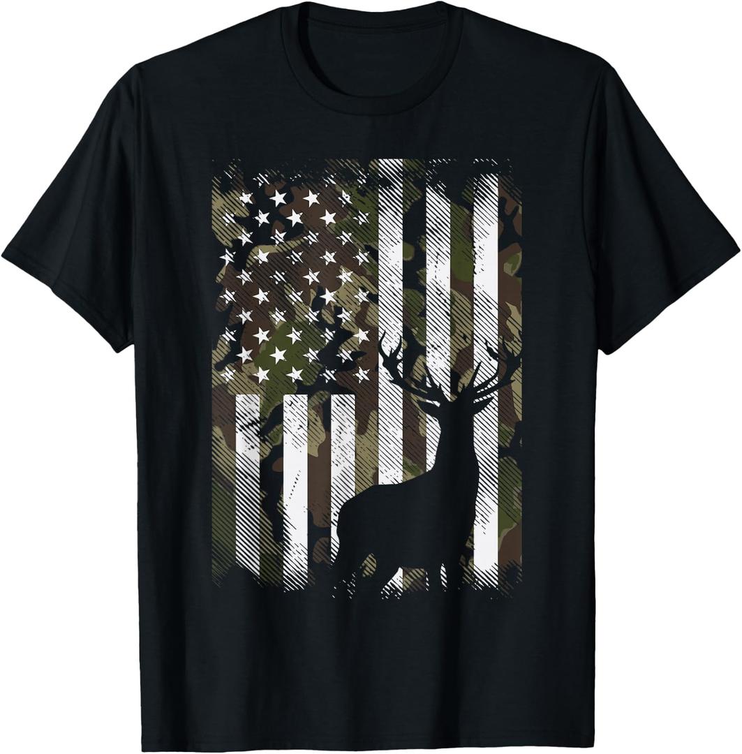Camo US Flag Deer Elk Buck Camoflage Hunting Hunter Dad Gift Short Sleeve T-Shirt, Size 3XL