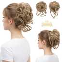 SARLA 2PCS Messy Bun Hair Pieces for Women Detachable Claw Clip Wavy Curly Synthetic Hairpieces for Updos with Tendrils Fake Scrunchies Ponytail Extension Sand