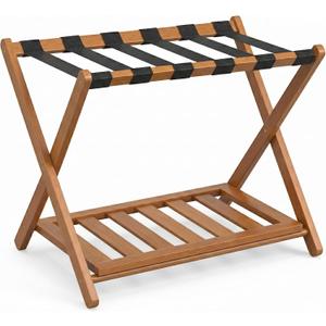 BAMBOOHOMIE Bamboo Luggage Rack for Guest Room, Wide Suitcase Stand with Storage Shelf, Folding Luggage Stand Holder for Bedroom Hotel, 26.77" Thickened Luggage Rack for Suitcases, Tea brown