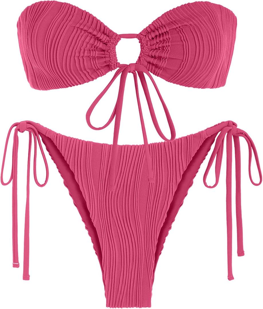 ZAFUL Women's Bandeau Bikini Set O Ring Strapless Swimsuit Tie Side Swimwear Halter Two Piece Bathing Suit (X-Large, 446_pink) ZAFUL Women's Bandeau Bikini Set O Ring Strapless Swimsuit Tie Side Swimwear Halter Two Piece Bathing Suit (X-Large, 446_pink)