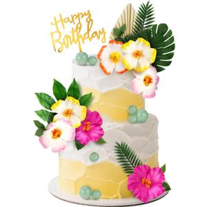 25pcs Hawaiian Tropical Cake Toppers, Summer Cake Topper Decorations with Flowers Leaves Balls Paper-Fan for Summertime Cupcake Decorations for Birthday Wedding Outdoor Theme Party