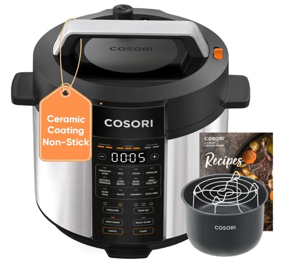 COSORI Pressure Cooker 6QT, Stainless Steel, 9-in-1 Multi Cooker, 12 Safety Features, Ceramic Inner Pot, Rice, Slow Cook, Sous Vide, Saute, 1100W