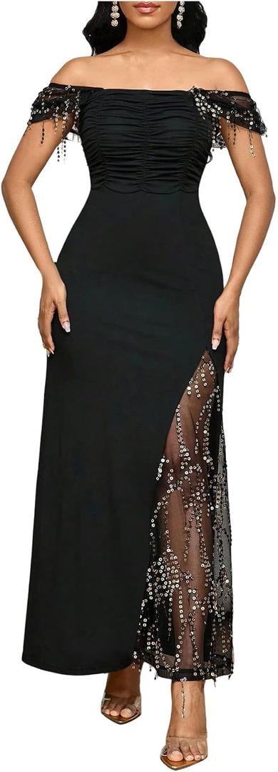 Verdusa Women's Sequin Mesh Wedding Guest Dress Ruched Long Dresses Elegant Concert Outfits Black Medium