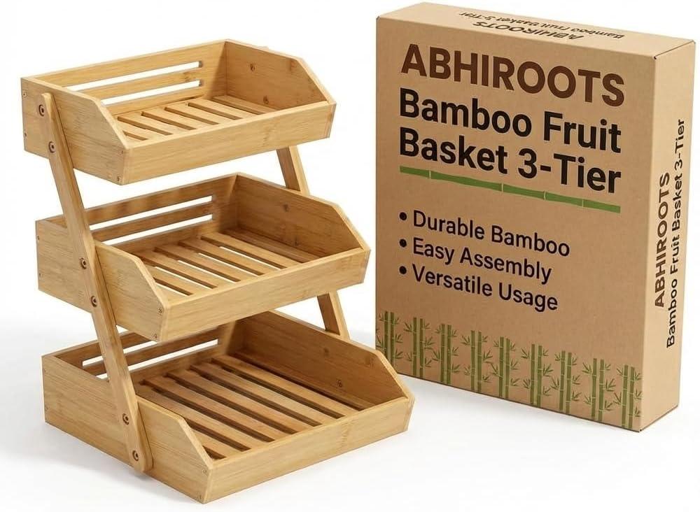 Bamboo Fruit Basket 3-Tier - Premium Produce Bamboo Basket for Kitchen - Durable & Easy to Assemble Stand for Countertop - Perfect Holder for Vegetables, Bread, Snacks & More