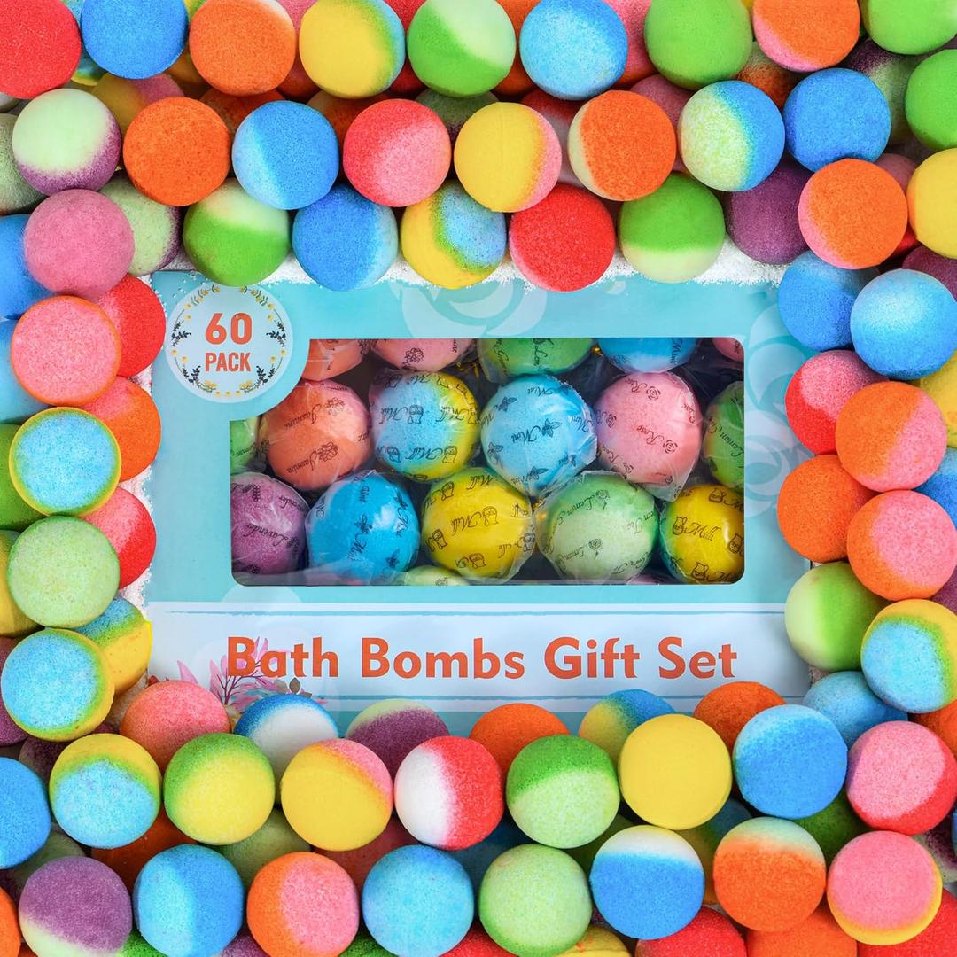 60 Pack Bath Bombs Set, Christmas Stocking Stuffers, Birthday Gift Set for Women, Natural Organic Bath Bubble Bombs for Kids/Women/Men/Mom Individually Wrapped Handmade