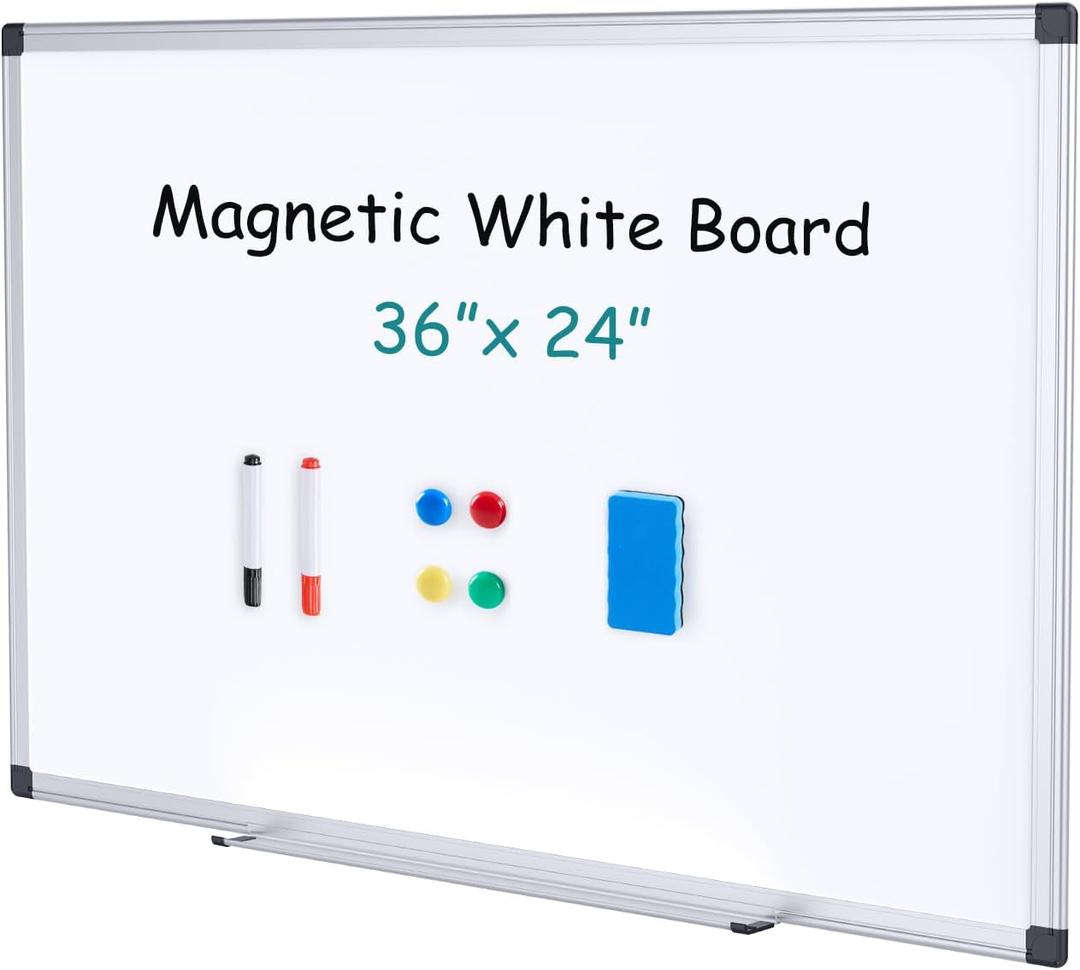 OLIXIS Magnetic White Board, Dry Erase Board for Wall 36" x 24", Whiteboard with 1 Dry Eraser & 2 Multicolor Markers & 4 Magnetic Pins, Aluminium Frame for Home, School, Office, White
