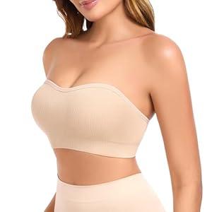 Finduself Strapless Bras for Women Non-Slip Padded Bandeau Bra Wireless Tube Top Bra Including Clear Straps, M